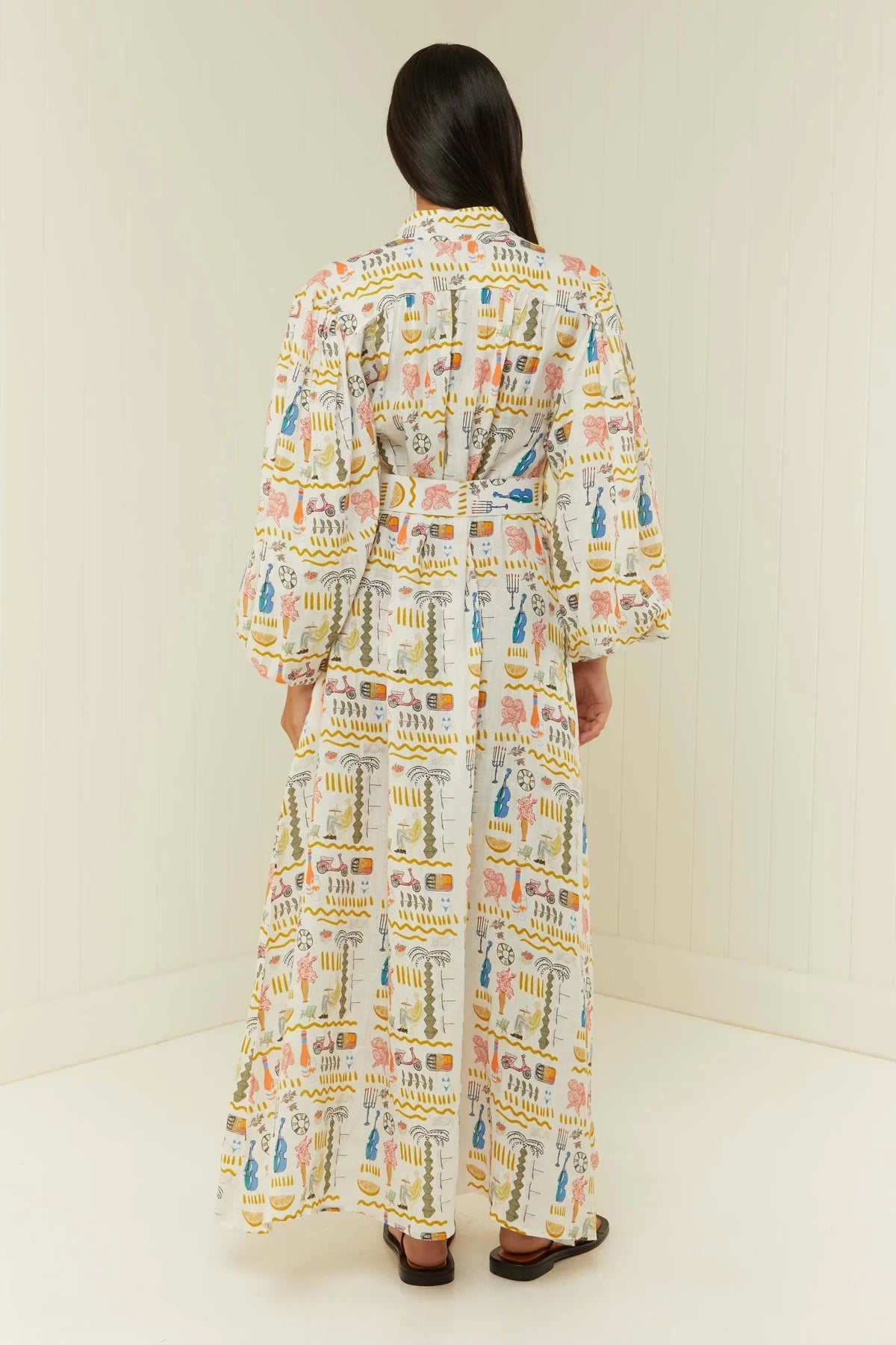 Linen maxi shirt dress with long sleeves and removable belt in Verano print rear view