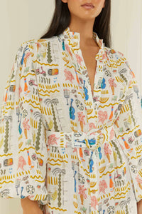 Linen maxi shirt dress with long sleeves and removable belt in Verano print close up