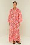 pink lobster print linen midi dress with long puff sleeves and belted waist model shot