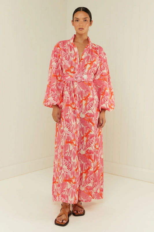 pink lobster print linen midi dress with long puff sleeves and belted waist model shot 