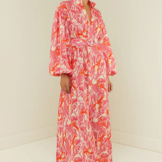 pink lobster print linen midi dress with long puff sleeves and belted waist  