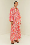 pink lobster print linen midi dress with long puff sleeves and belted waist  