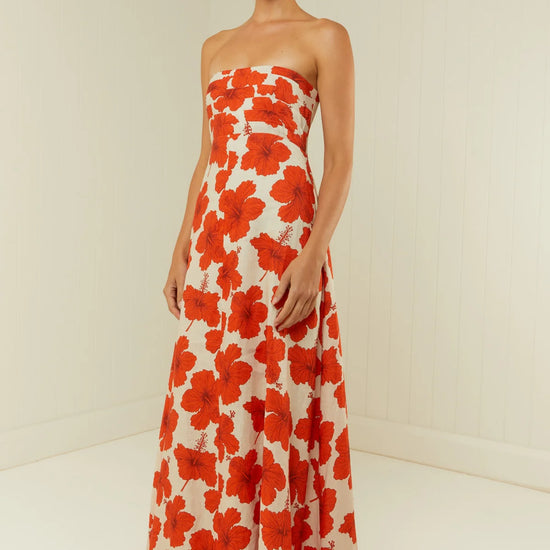 red hibiscus spaghetti stap maxi dress side view 