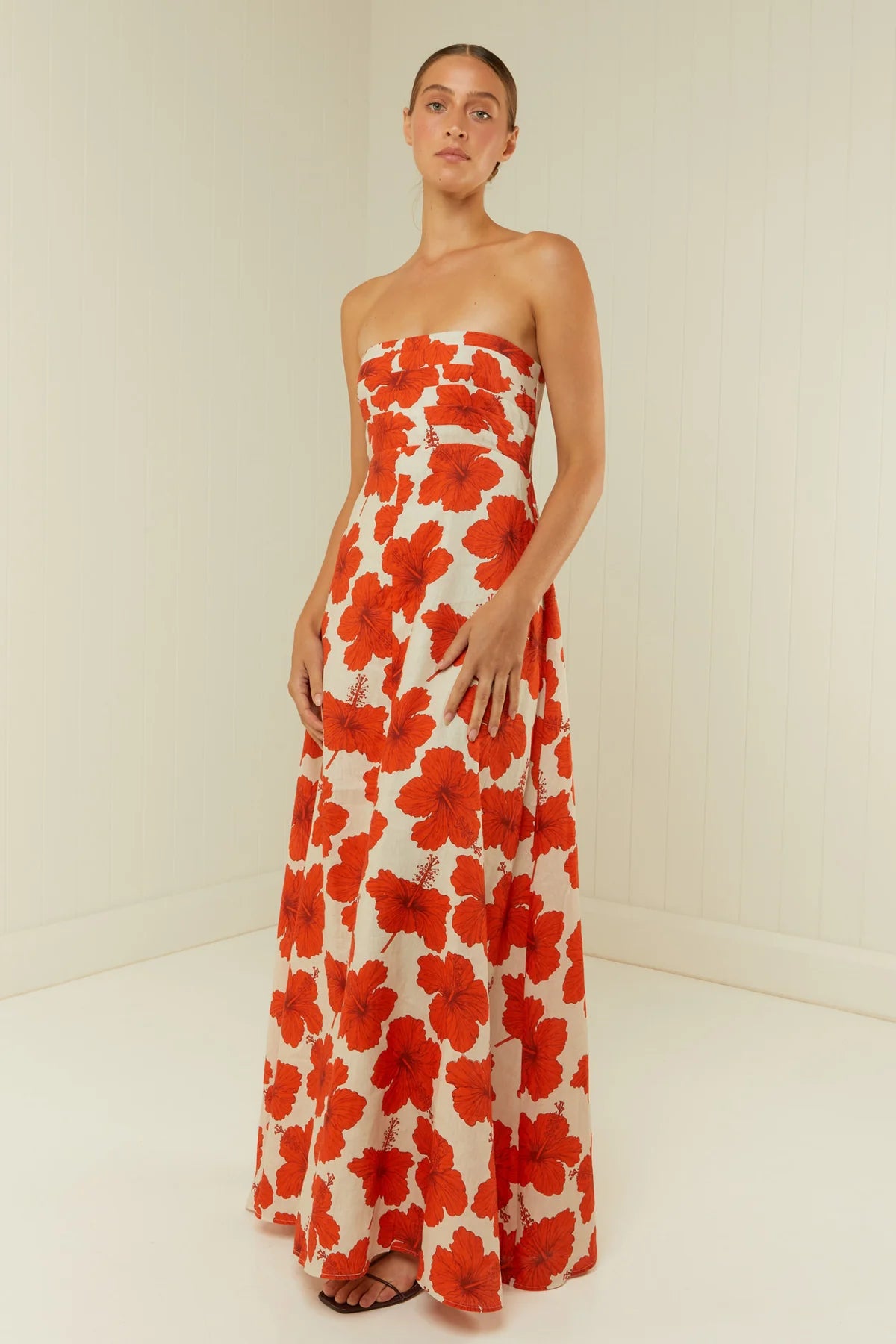  red hibiscus spaghetti stap maxi dress model shot