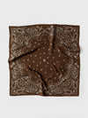 A square brown bandana featuring a classic paisley pattern in light beige, laid flat on a light gray background.