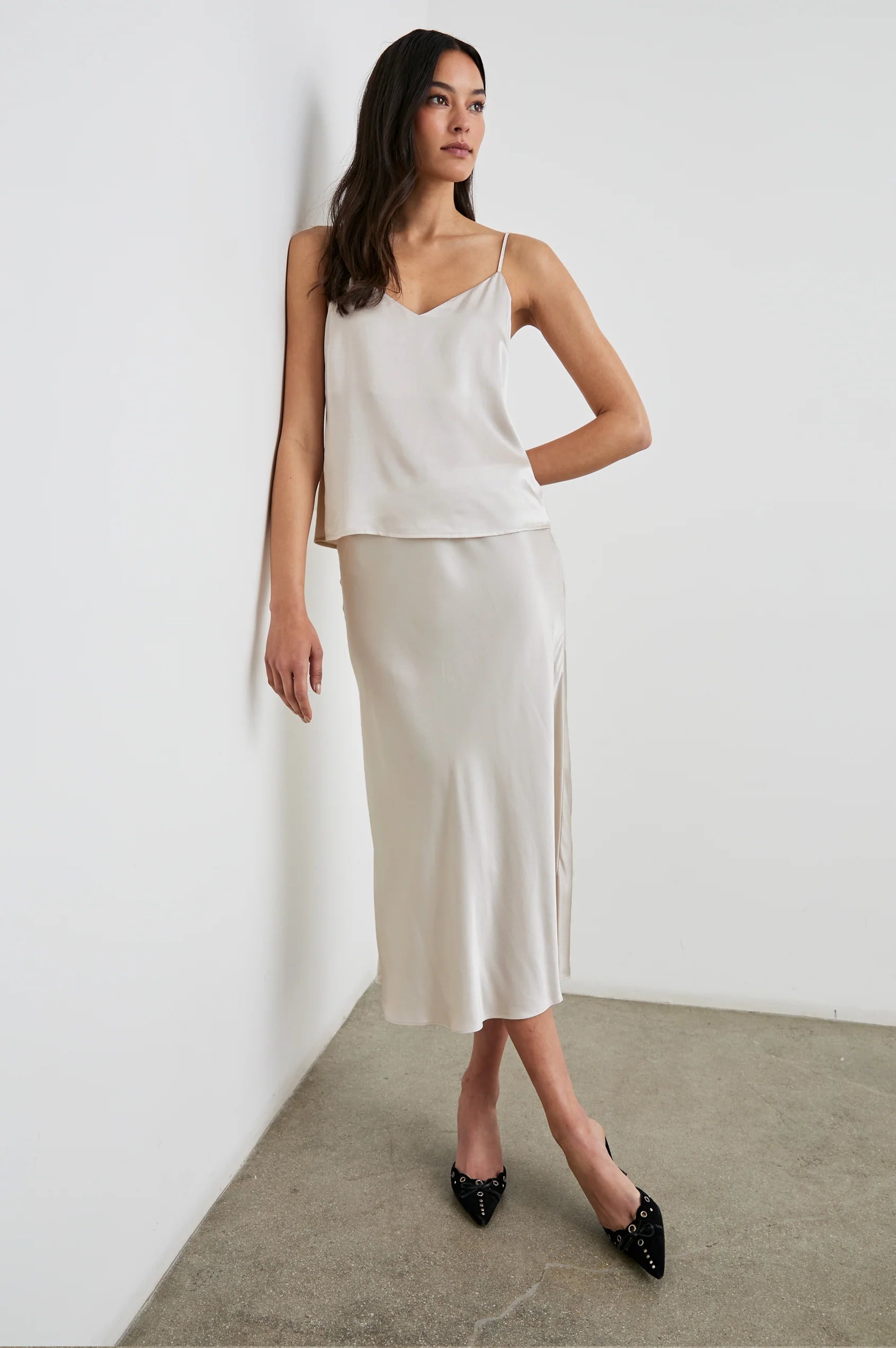 Paola Camisole in Ivory untucked with matching skirt