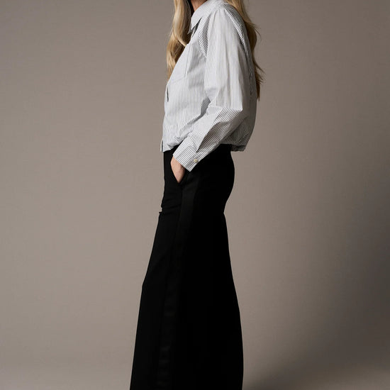 Tuxedo style trouser worn with white shirt from Pieszak