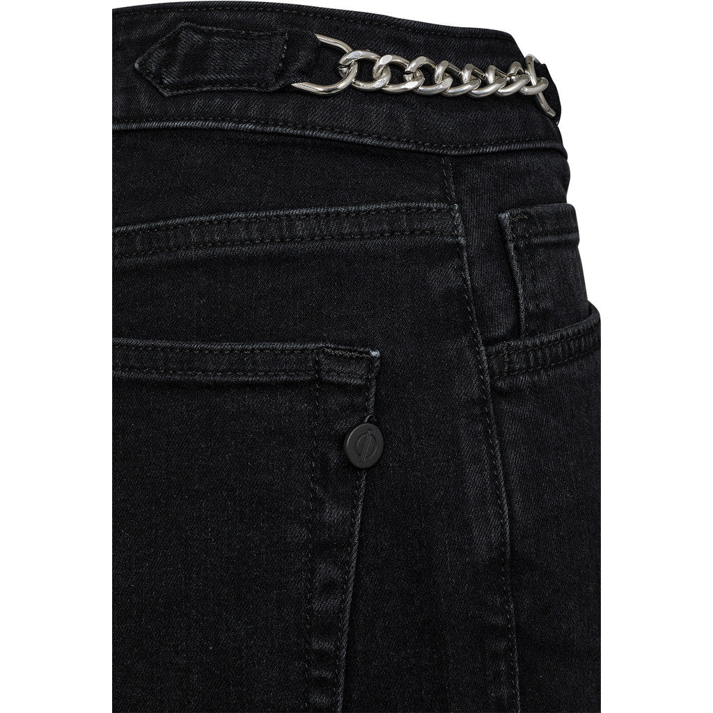 Black jeans with a chain detail on a white background