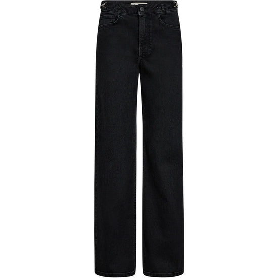 Black wide-leg jeans on a white background with chain detail at the hip