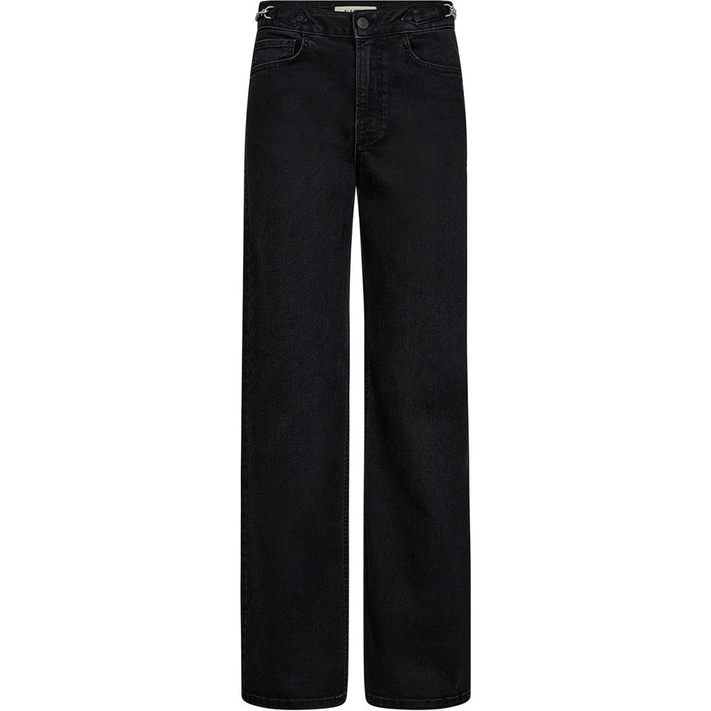 Black wide-leg jeans on a white background with chain detail at the hip