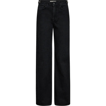 Black wide-leg jeans on a white background with chain detail at the hip