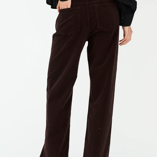 straight leg corduroy dark brown jeans with mid rise rear view