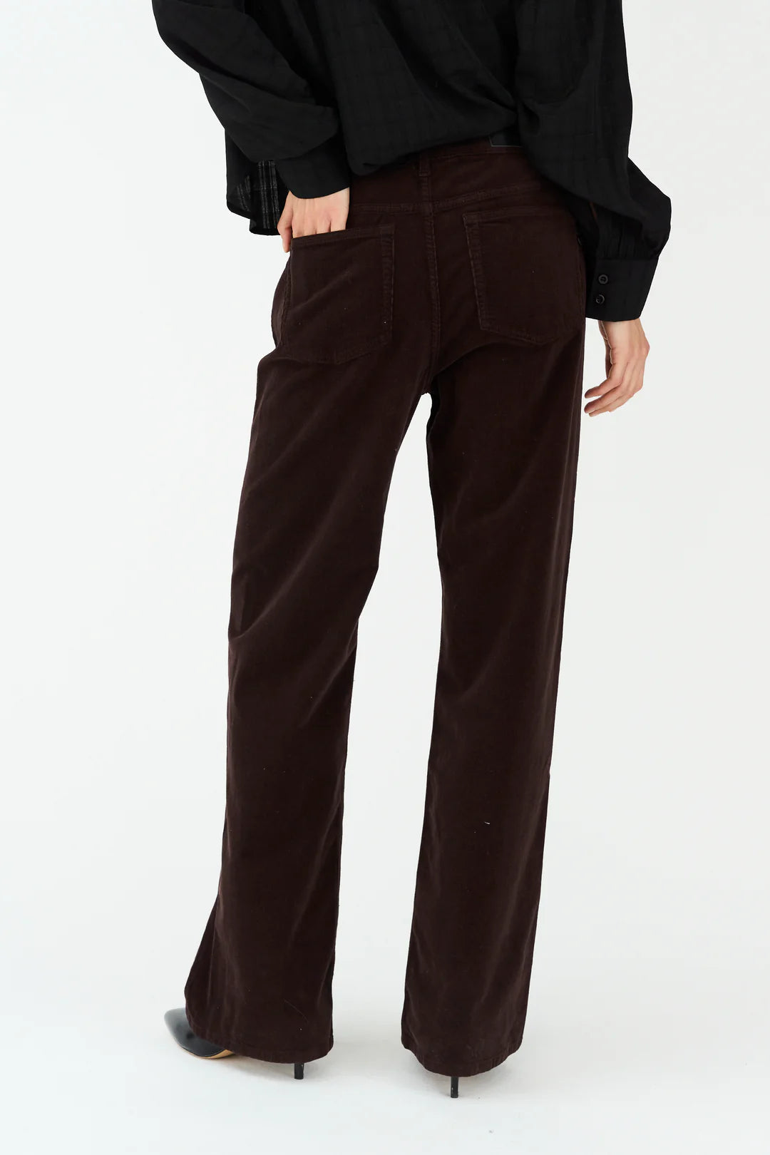 straight leg corduroy dark brown jeans with mid rise rear view