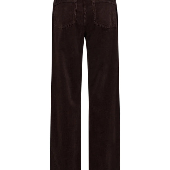 straight leg corduroy dark brown jeans with mid rise  rear view