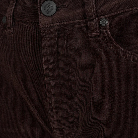 straight leg corduroy dark brown jeans with mid rise  close up