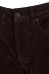 straight leg corduroy dark brown jeans with mid rise  close up