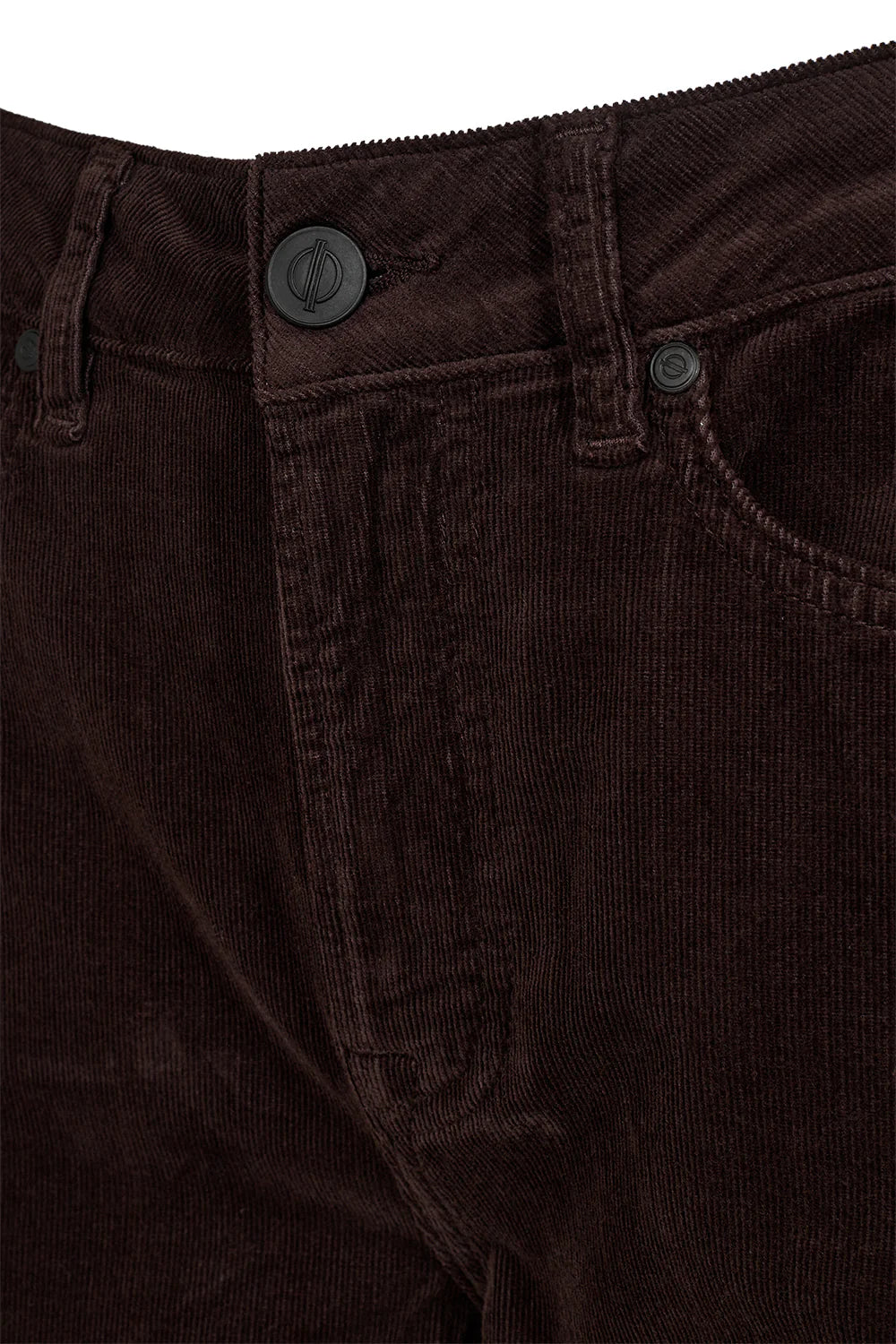 straight leg corduroy dark brown jeans with mid rise  close up