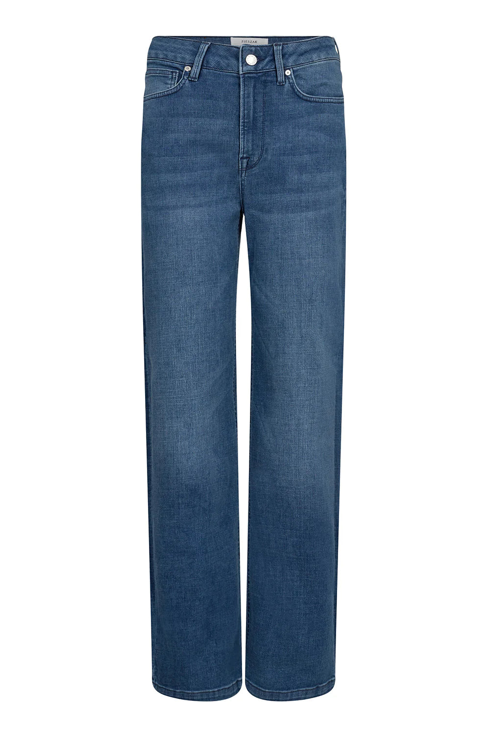 Straight leg mid blue five pocket design jeans