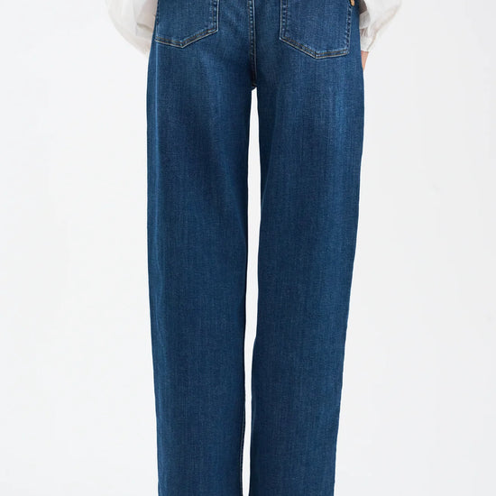 slim wide leg vintage blue denim jeans from pieszak rear view