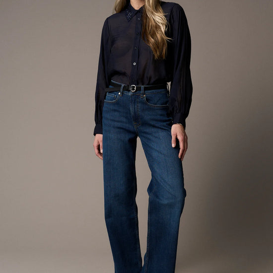 slim wide leg vintage blue denim jeans from pieszak model shot