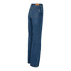 Blue straight leg high rise jeans with light fading and whiskering
