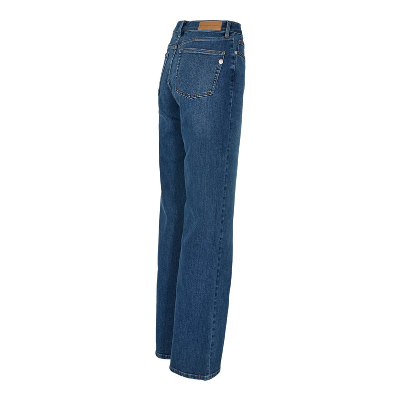 Blue straight leg high rise jeans with light fading and whiskering