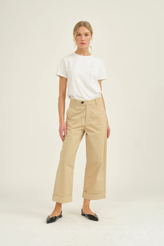 Beige straight leg cotton trousers with turnups