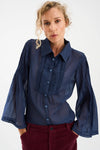 semi sheer blue pintuck shirt from pieszak model shot