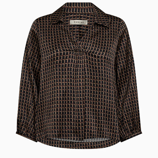 chocolate brown pattern silky v neck blouse with collar