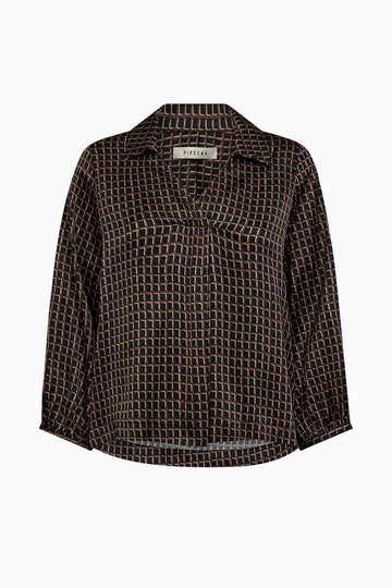 chocolate brown pattern silky v neck blouse with collar