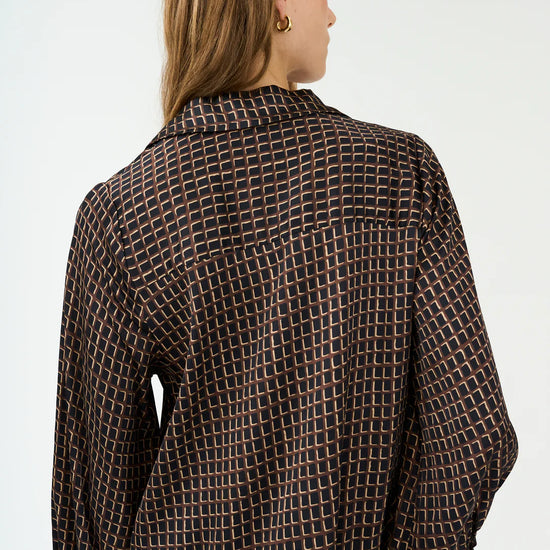 chocolate brown pattern silky v neck blouse with collar rear view