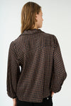 chocolate brown pattern silky v neck blouse with collar rear view
