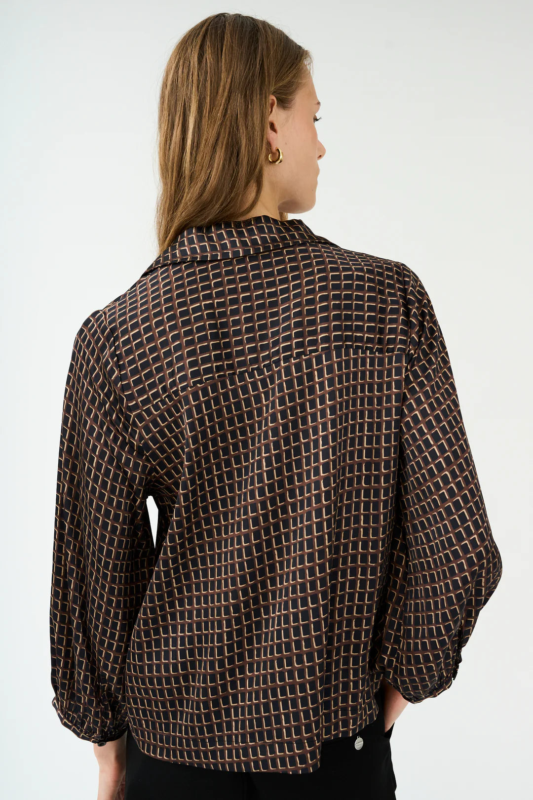 chocolate brown pattern silky v neck blouse with collar rear view