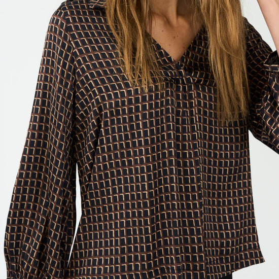 chocolate brown pattern silky v neck blouse with collar model shot