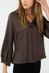 chocolate brown pattern silky v neck blouse with collar model shot
