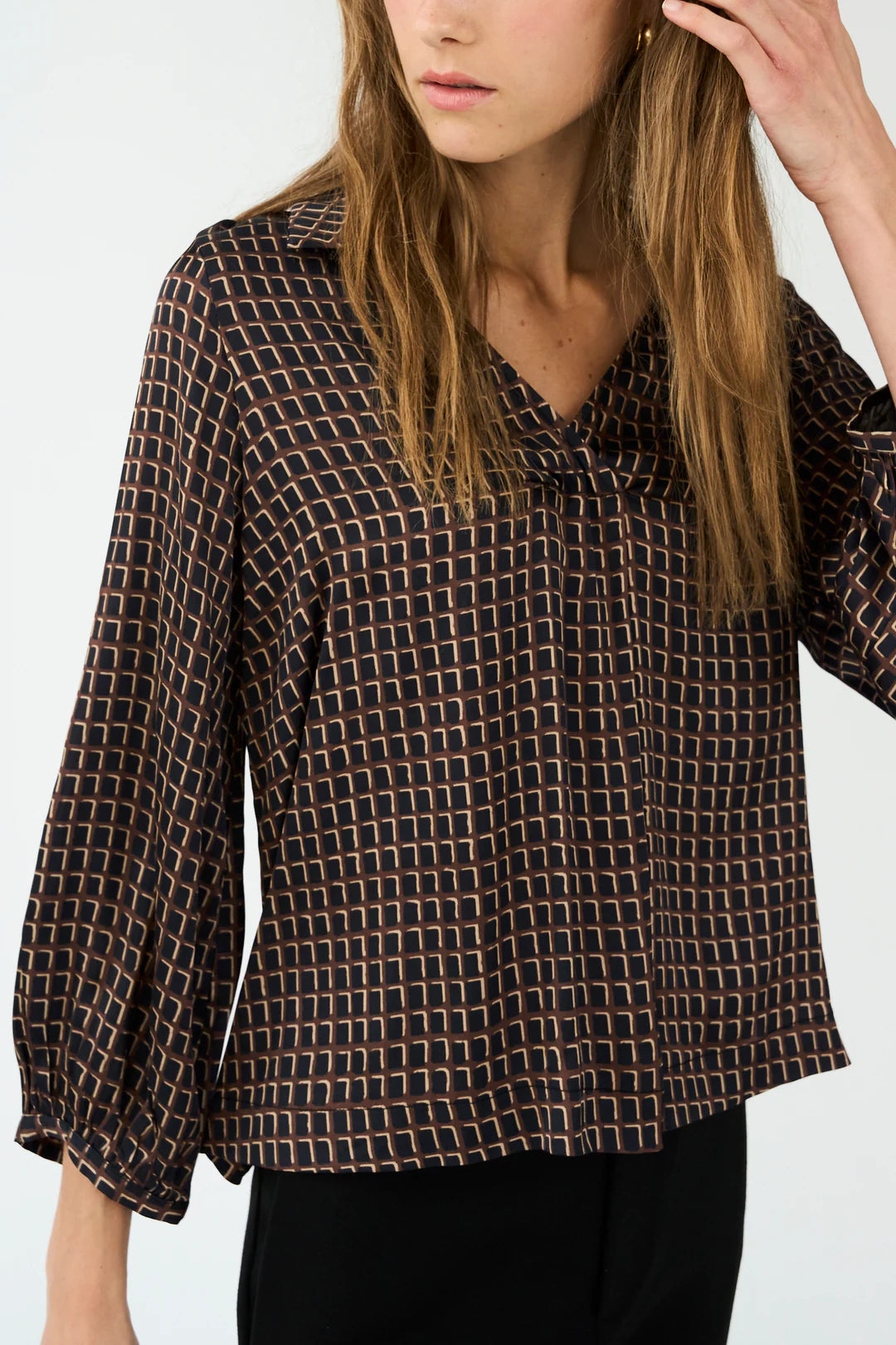 chocolate brown pattern silky v neck blouse with collar model shot