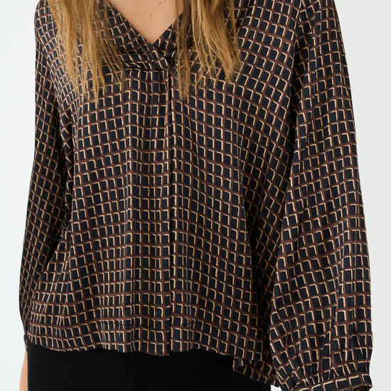 chocolate brown pattern silky v neck blouse with collar model shot