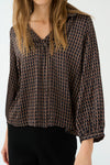chocolate brown pattern silky v neck blouse with collar model shot
