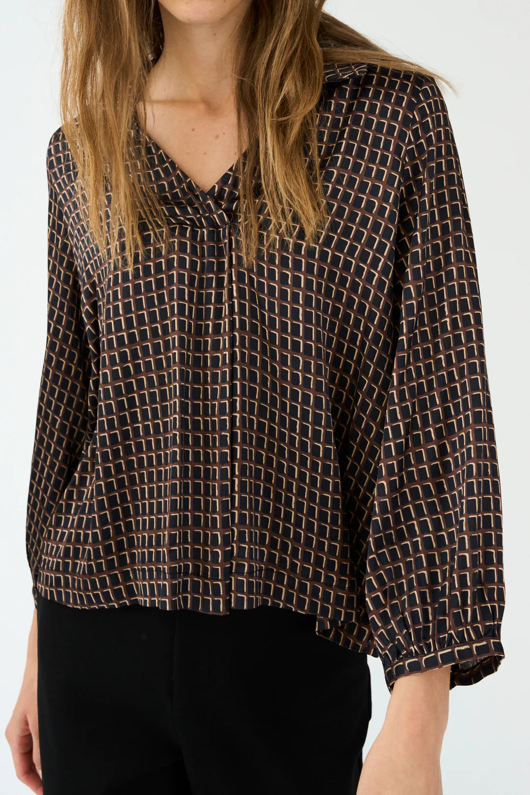 chocolate brown pattern silky v neck blouse with collar model shot