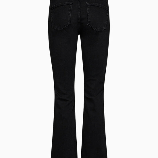 Black flared jeans on a white background