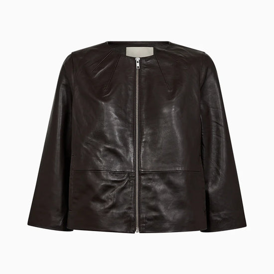 round neck dark brown leather jacket 