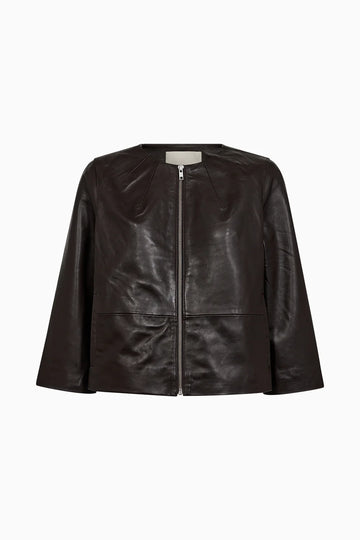 round neck dark brown leather jacket 