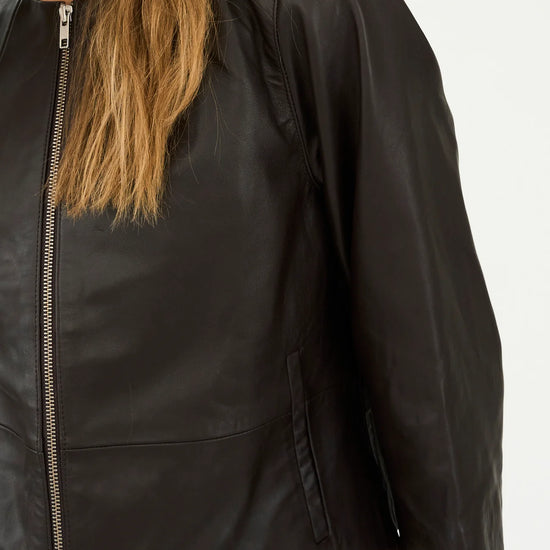 round neck dark brown leather jacket  close up