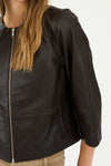 round neck dark brown leather jacket  close up