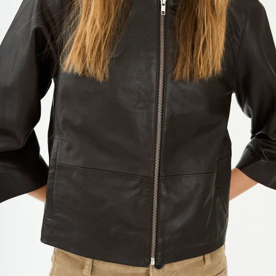 round neck dark brown leather jacket  model shot
