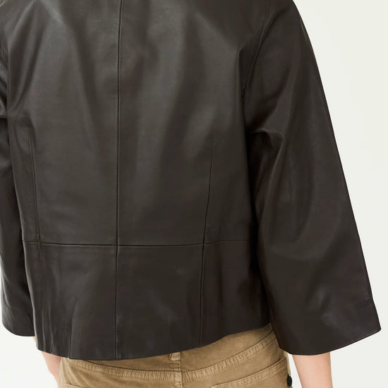 round neck dark brown leather jacket  rear view