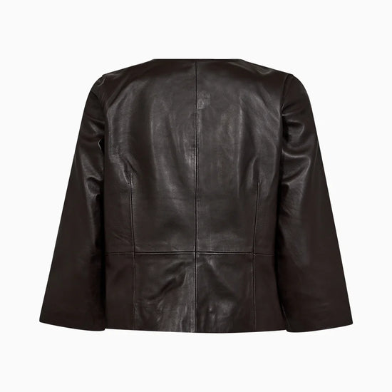 round neck dark brown leather jacket rear view