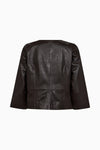 round neck dark brown leather jacket rear view