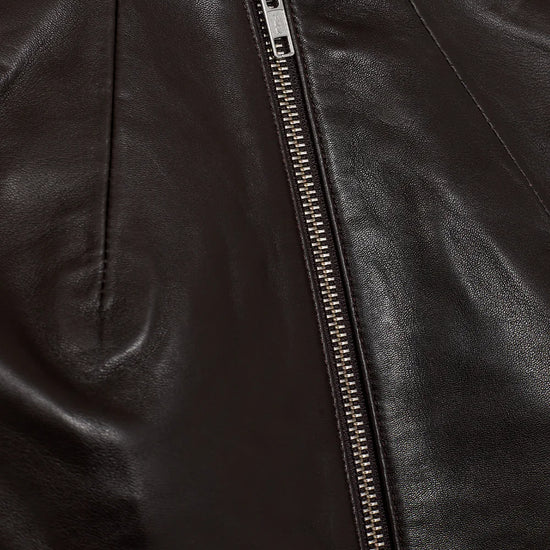 round neck dark brown leather jacket  close up