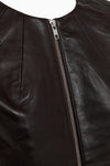 round neck dark brown leather jacket  close up